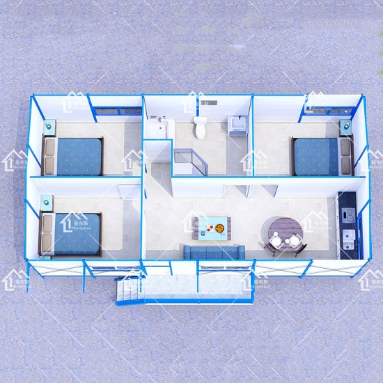 68 वर्गमीटर डेकिंग के साथ प्रीफैब हाउस का उपयोग कर सस्ते 3 बेडरूम अस्थायी डिजाइन